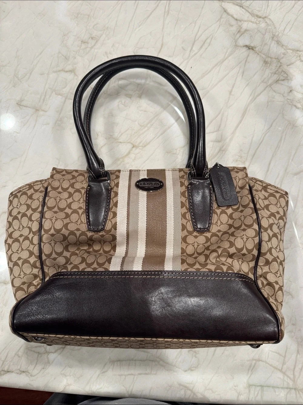 Coach Brown and Cream Signature Stripe Satchel with Dark Chocolate Trim